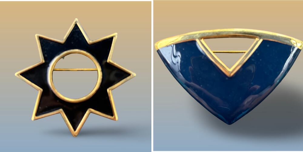 Vintage MONET Blue & Gold Enamel STAR & TRIANGLE Brooch Modernist